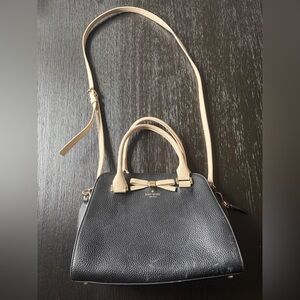 kate spade Black and Cream Pebbled Leather Satchel with Bow Accent